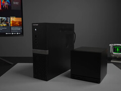 The Minisforum 895D7 is slimmer but taller than the Steam Machine. Pictured: the two systems side by side.