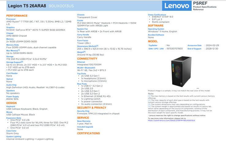 Complete spec sheet (image source: Lenovo)