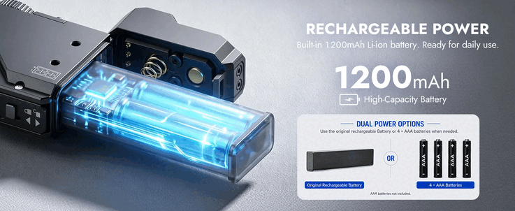 The battery can be removed and replaced with AAA cells.