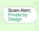 Green WhatsApp speech bubble with the text “Scam Alert: Private by Design”
