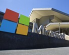 Microsoft signage stands in front of the corporate campus building
