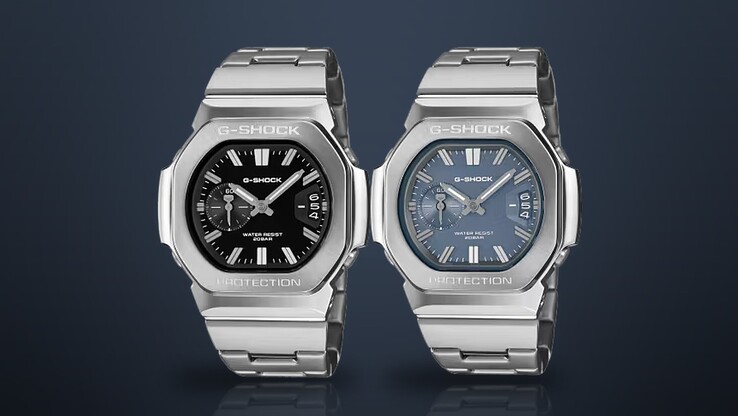 Casio G-Shock GMC-2500D-1A with black dial and GMC-2500D-1A2 with blue dial, both on stainless-steel bracelets