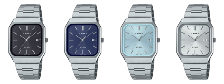 From left to right: the Casio MTP-B185D-1AV, MTP-B185D-2A1V, MTP-B185D-2A2V and MTP-B185D-7AV watches