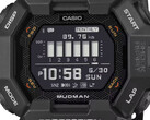 Casio G-Shock Mudman GDG-B100 watch with red and white digital display against a rugged mountain landscape.