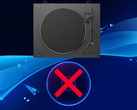 Sony vinyl record player shown above PS5 game disc