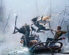 Artistic render of Kratos and Atreus fighting Freya from God of War Ragnarok.
