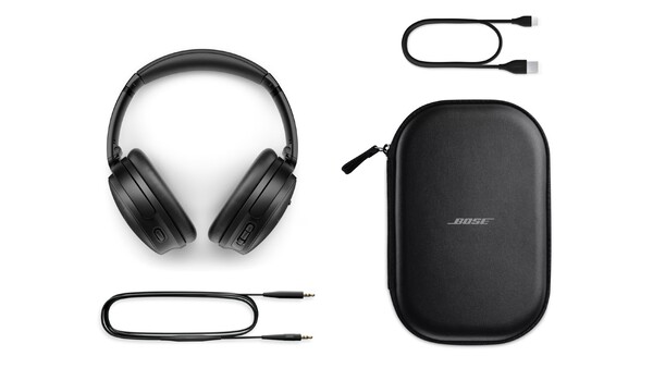 The Bose QuietComfort Headphones come with a carrying case, charging cable, and audio cable.