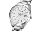 Angled view of the Citizen CB0300-53A Eco-Drive with a silver dial and stainless steel case and three-link bracelet.