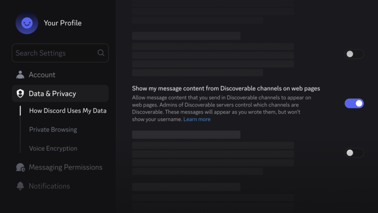 Users can turn off their message discoverability from web pages by going in data and privacy section under settings