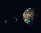 An artist's illustration showing two asteroids close to Earth.