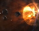 An artist's illustration showing a planet and asteroids.
