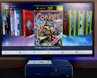 A modded blue Xbox 360 running a custom homebrew dashboard on a monitor, displaying the game “Conker: Live and Reloaded” alongside other Xbox and emulator titles. (Image source: Modern Vintage Gamer on YouTube)