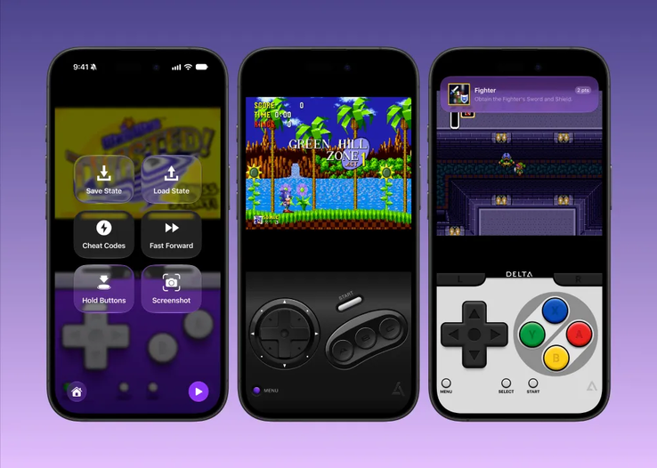Delta 2.0 with various controller skins. (Pictured: several smartphone mockups running Delta 2.0.)