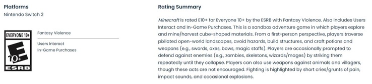 ESRB rating for Minecraft's Switch 2 port.