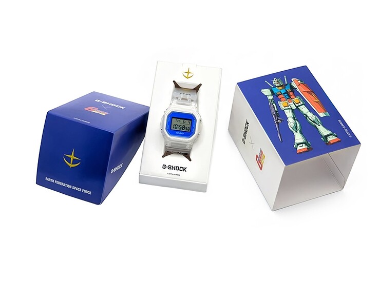 The limited-edition watch arrives in special packaging decorated with Gundam artwork and Earth Federation Space Force branding.