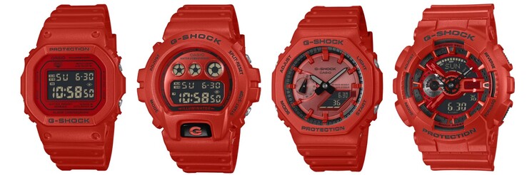 From left to right: the Casio G-Shock DW5600RRB-4, DW6900RRB-4, GA2100RRB-4A and GA110RRB-4A watches. (Image source: Casio, edited)