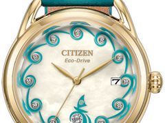 The dial of the new Citizen x Moana collab watch has a mother-of-pearl finish.