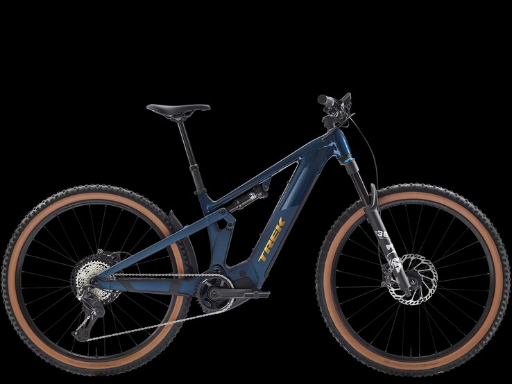 The Trek Powerfly+ FS 8 Gen 4 in blue sage colorway