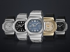 Casio G-Shock GMC-2500 series lineup with the blue GMC-2500D-1A2 in front, flanked by black, gold, silver and black-dial versions